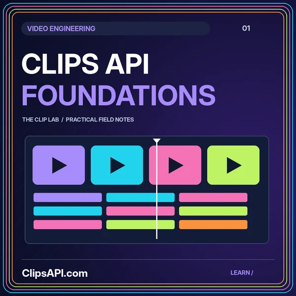 Multicolor film timeline and a play symbol under the words Clips API Foundations.