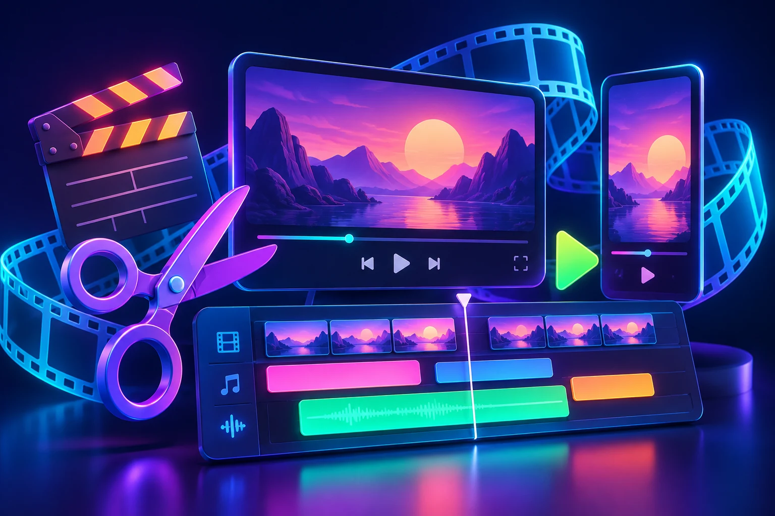 Neon scissors, filmstrip, landscape and portrait video frames, and a multicolor editing timeline.