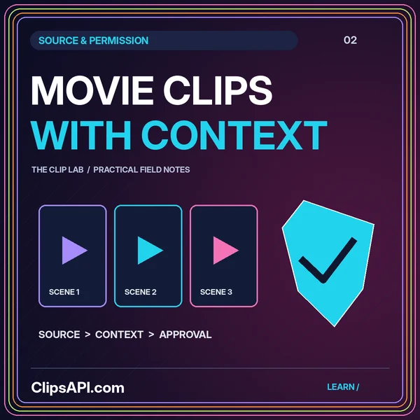 Film scene panels and an approval shield under the words Movie Clips With Context.