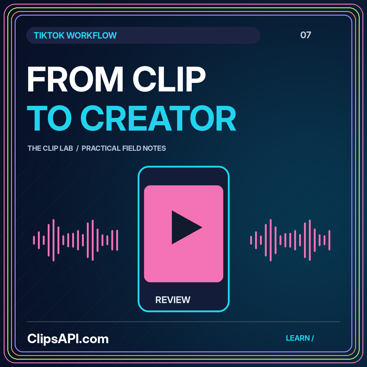 A portrait video frame and sound wave under the words From Clip to Creator.