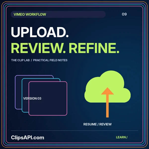 A cloud upload tray and version cards under the words Upload. Review. Refine.